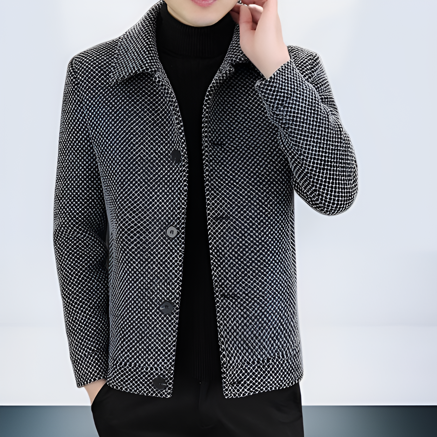 Detailed collar design on men's plush jacket