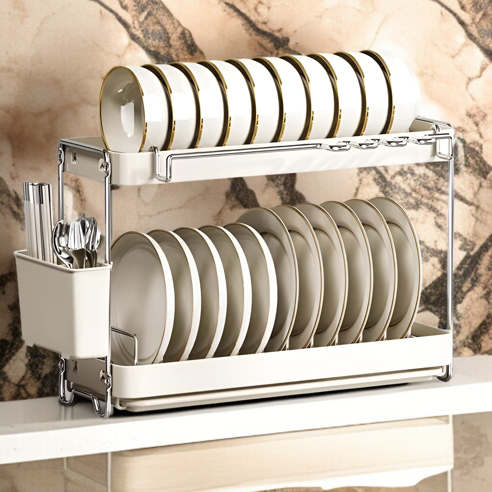 新しいステンレススチール製のボウルとプレートの排水ラックキッチンラックシンクの食器用排水バスケット食器収納ラック