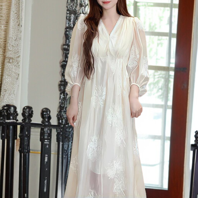 여성 티타임 슬림핏 원피스 하이웨스트 퍼프 브이넥 원피스