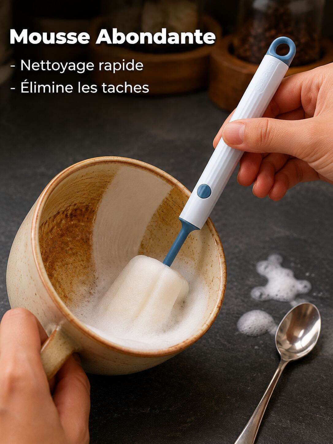 Brosse à tasse à long manche pour la maison, éponge multifonction avec tête remplaçable