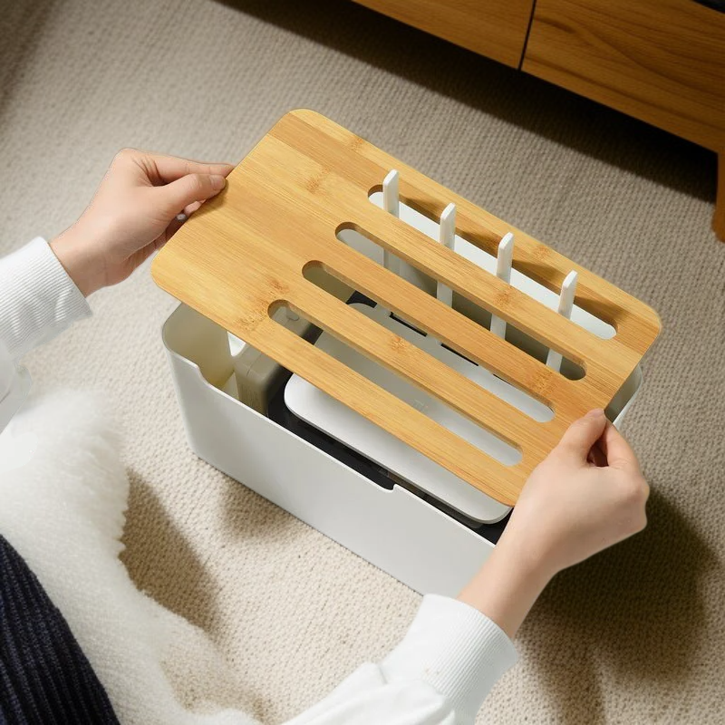 Caja organizadora de cables para router con cubierta de madera tamaño extra grande