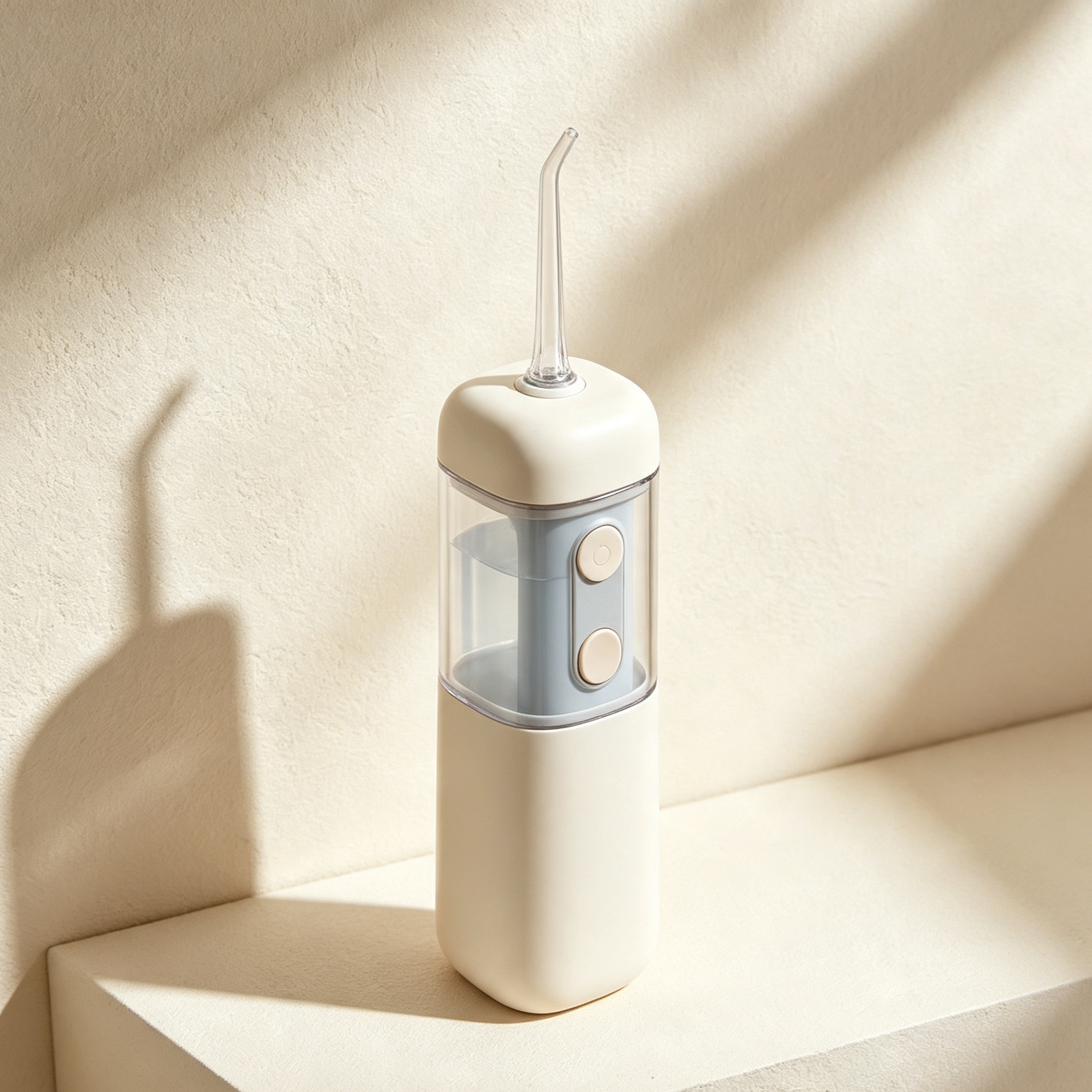 Close-up of oral irrigator nozzle and water stream