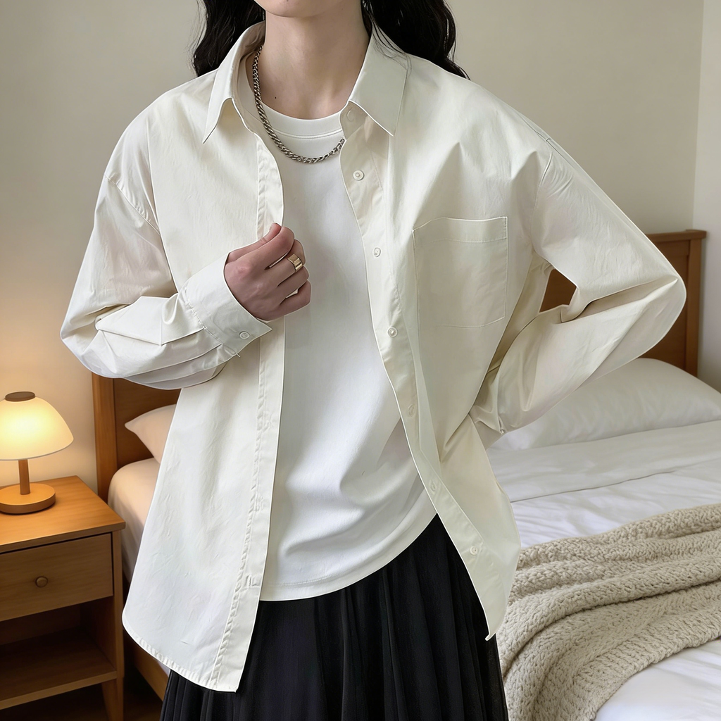 ゆったりカジュアル気質シャツ 無地春トップス