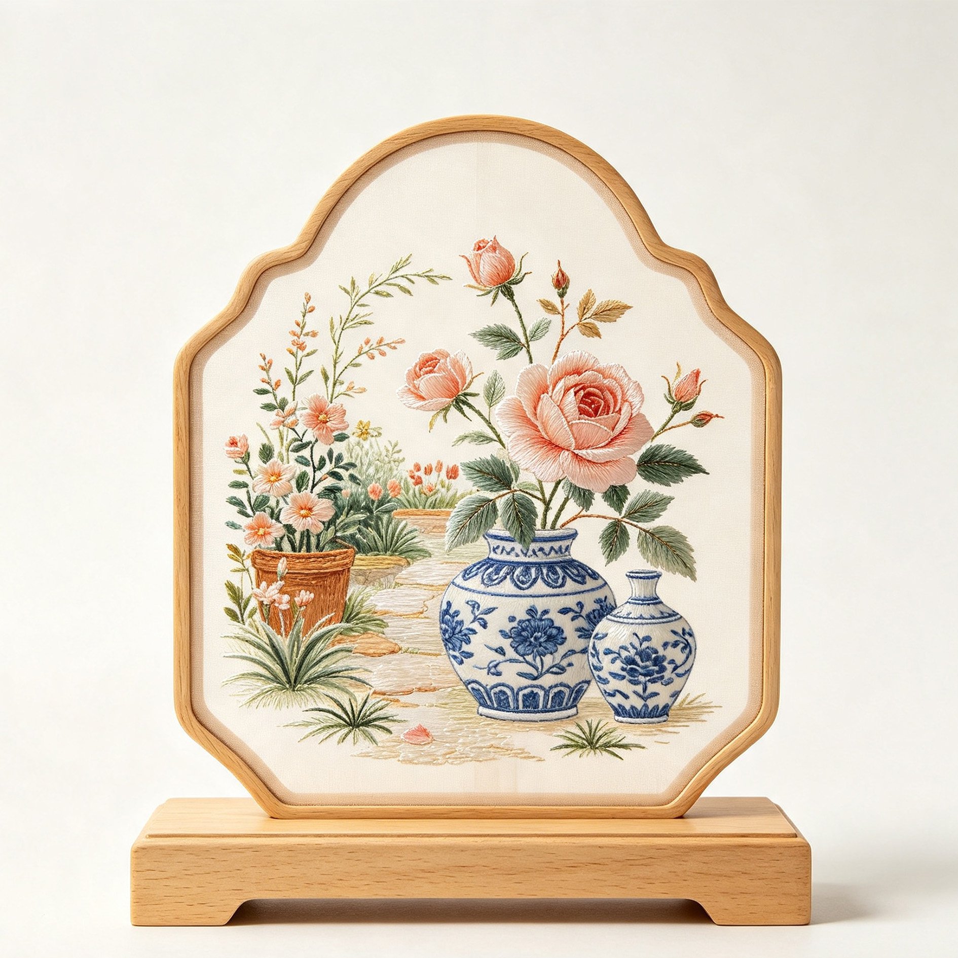 Blue and white embroidered screen with floral patterns
