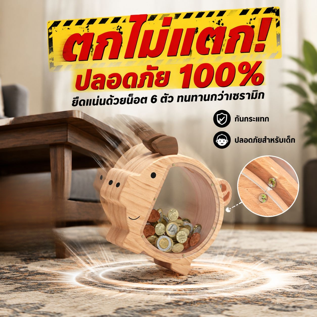 กระปุกออมสินไม้ใส ตกแต่งบ้าน รูปหมู