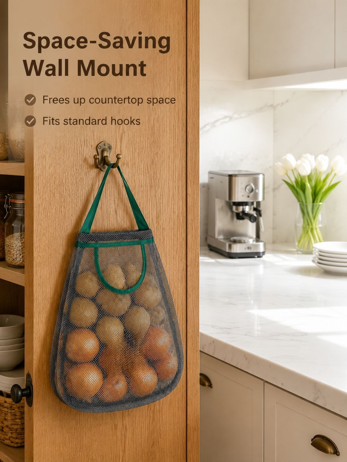 Wall-mounted Garlic & Ginger Organizer Bag, Kitchen Storage Mesh Sack