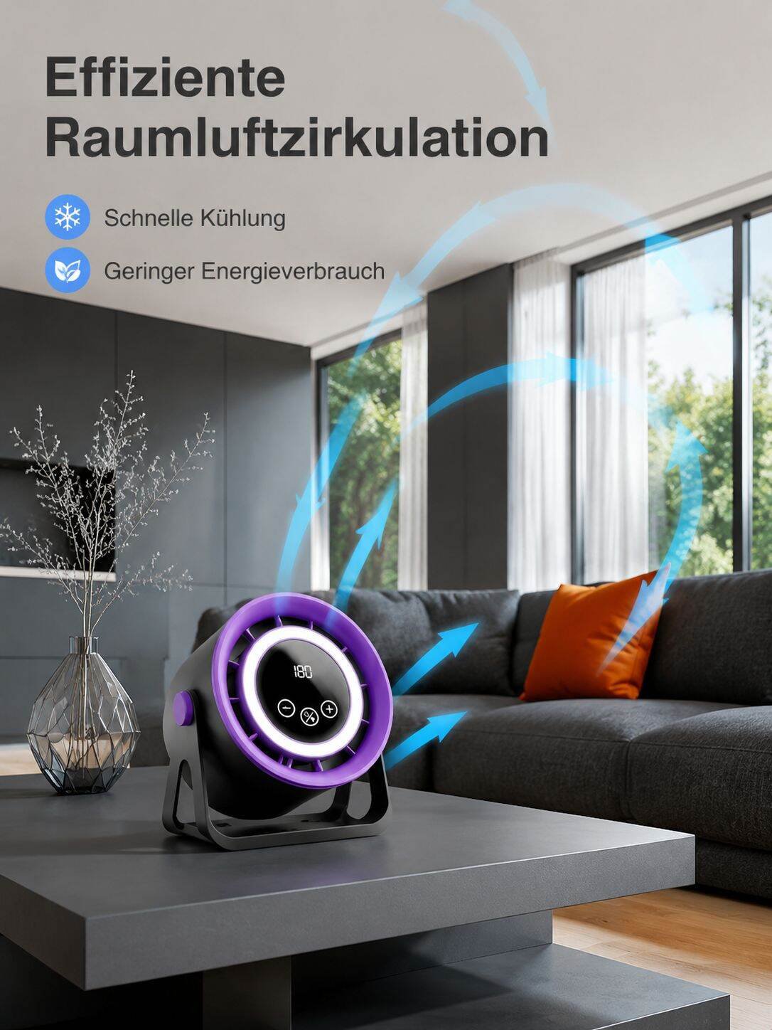 Leiser Ventilator mit starker Windkraft auf einem Schreibtisch