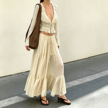 Europäisch-Amerikanisches Chiffon-Spitzen-Cardigan mit Bindegürtel und Maxikleid Damen-Set