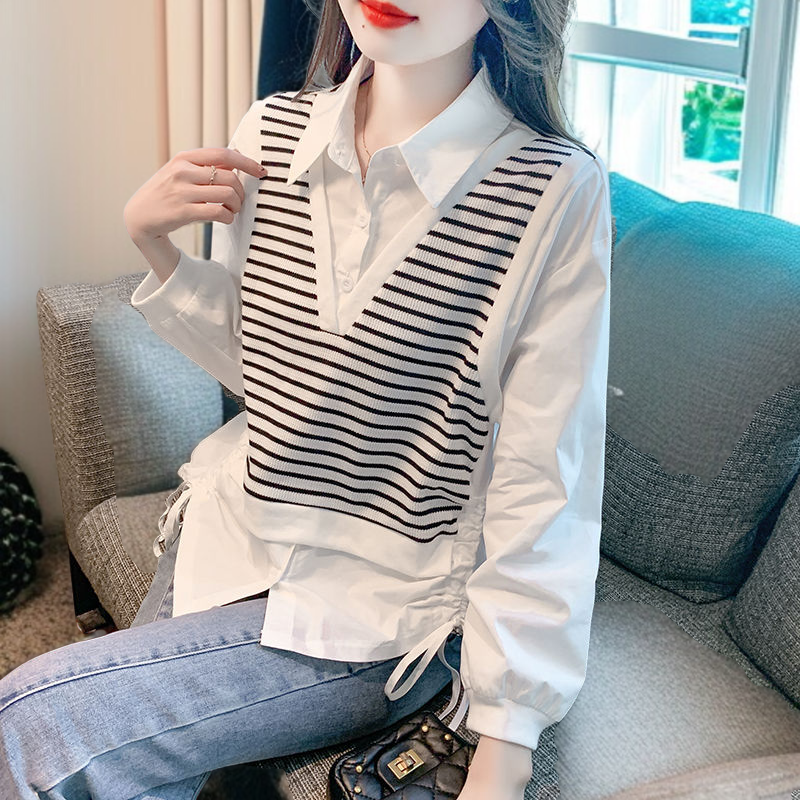 날씬해 보이는 스트라이프 셔츠 여 가을 휴가 투피스 긴팔 셔츠 예쁜 니트 쉬폰 상의 작은 셔츠 스트라이프 여 셔츠 상의