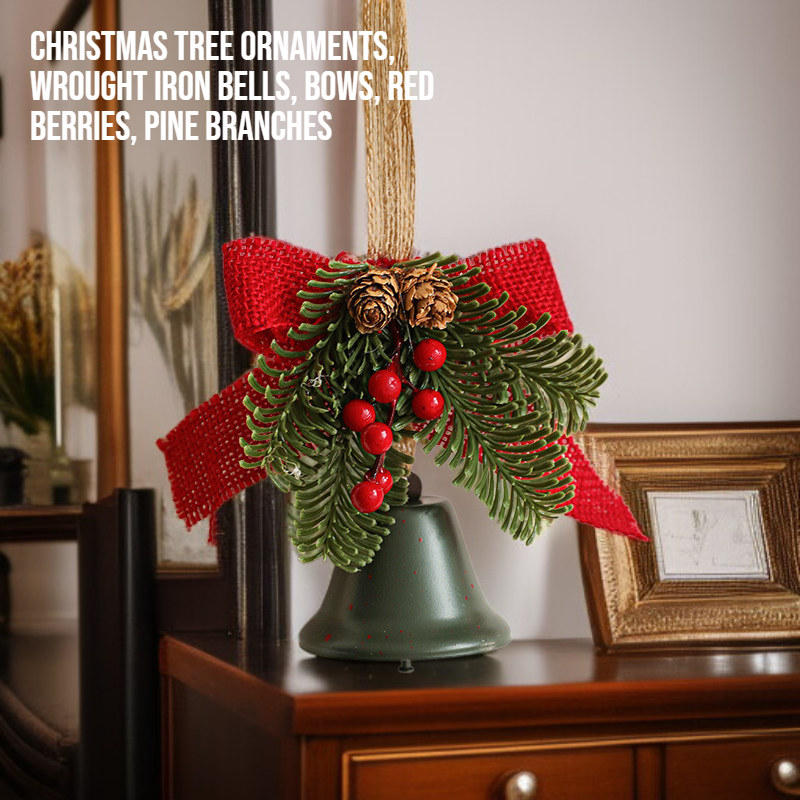 Metal Christmas Bell Ornament with Bow, Pine Needles, and Red Berries for Door 