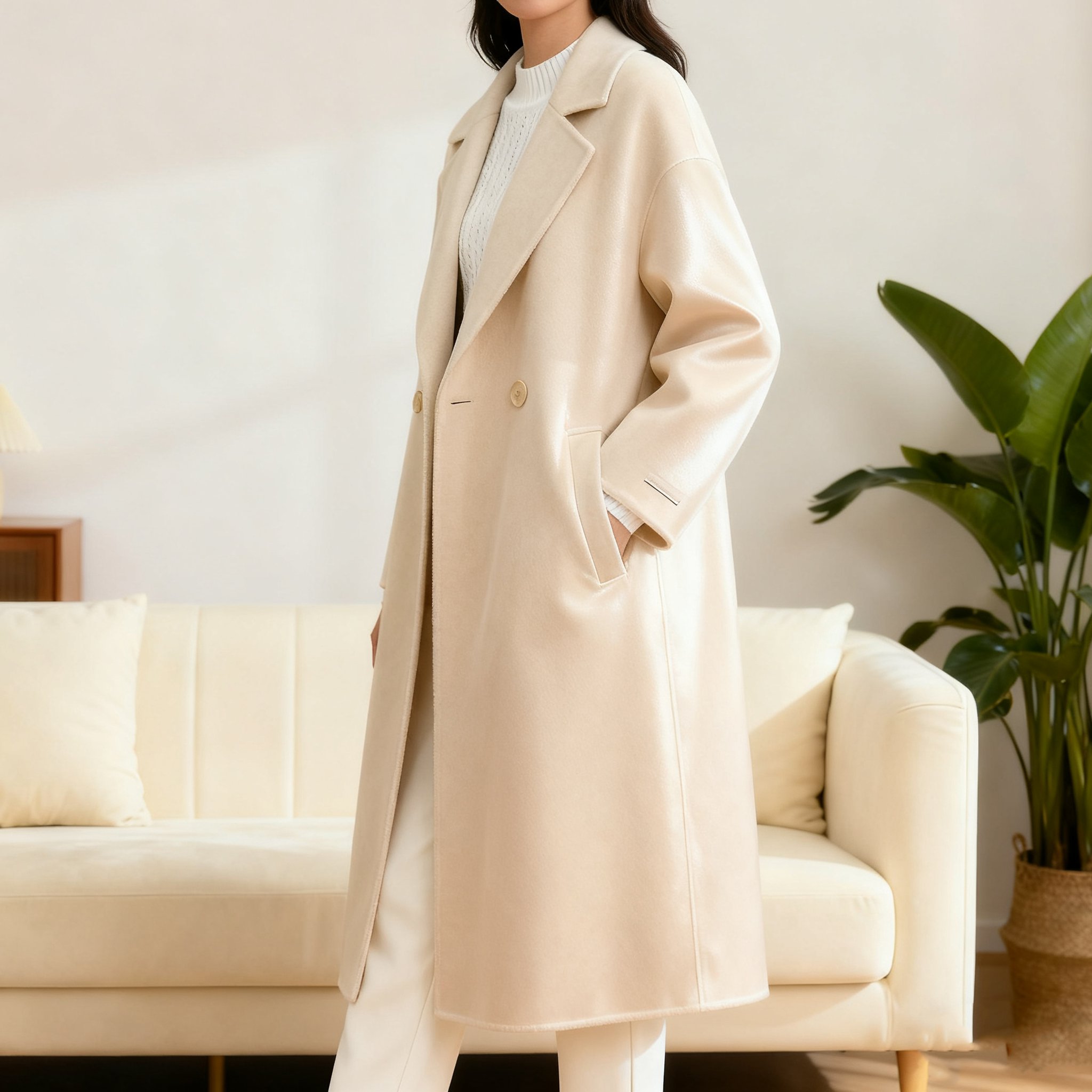 여성스러운 크림 화이트 클래식 울 코트