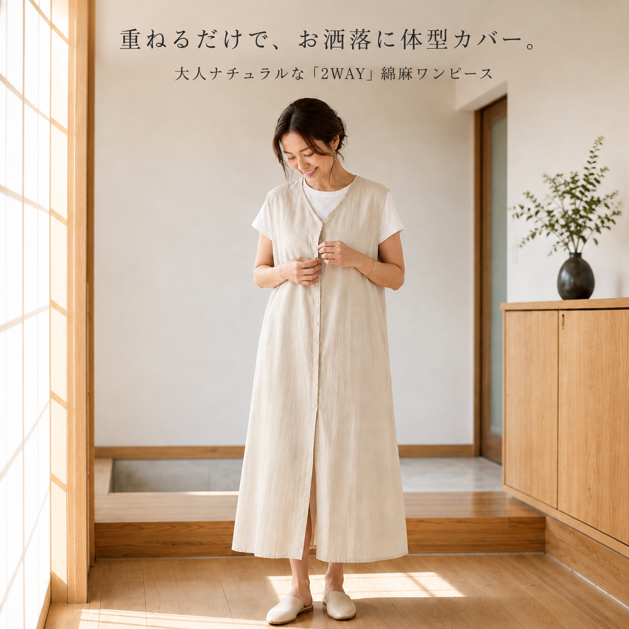 文芸風ウォッシュリネンコットンゆったりベストドレス