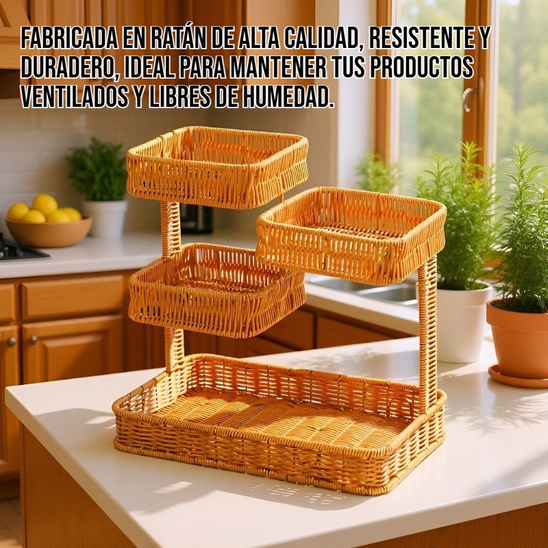 Cesta de almacenamiento de ratán multicapa para cocina.