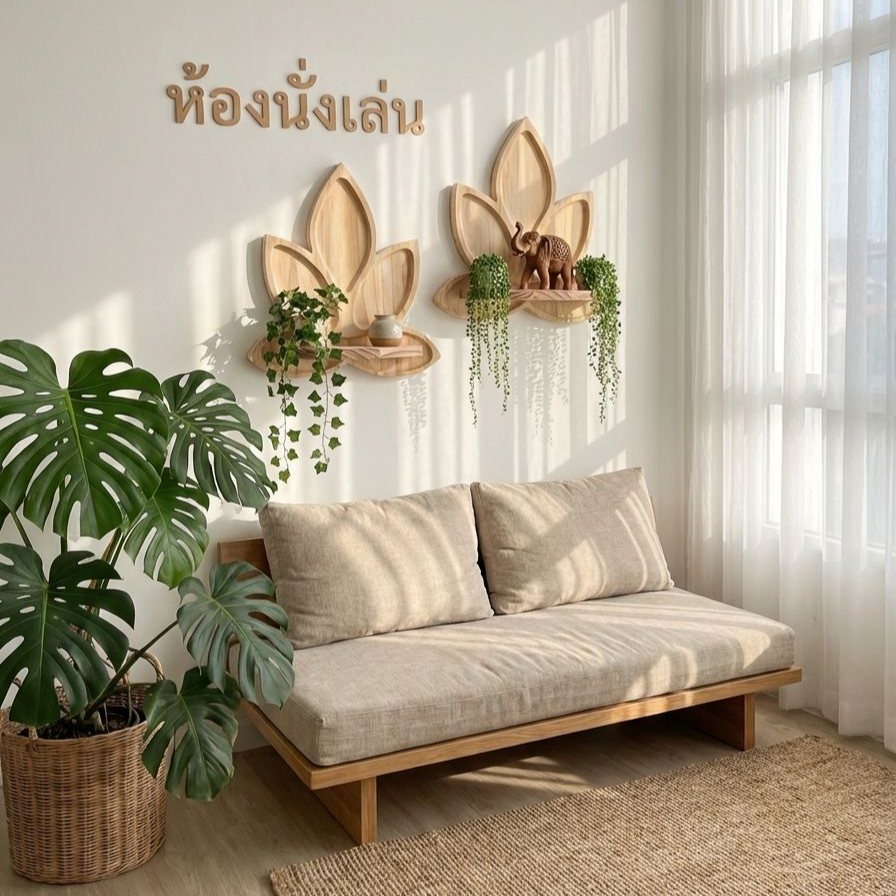 ชั้นวางของติดผนังรูปทรงดอกบัว ทำจากไม้เนื้อแข็ง