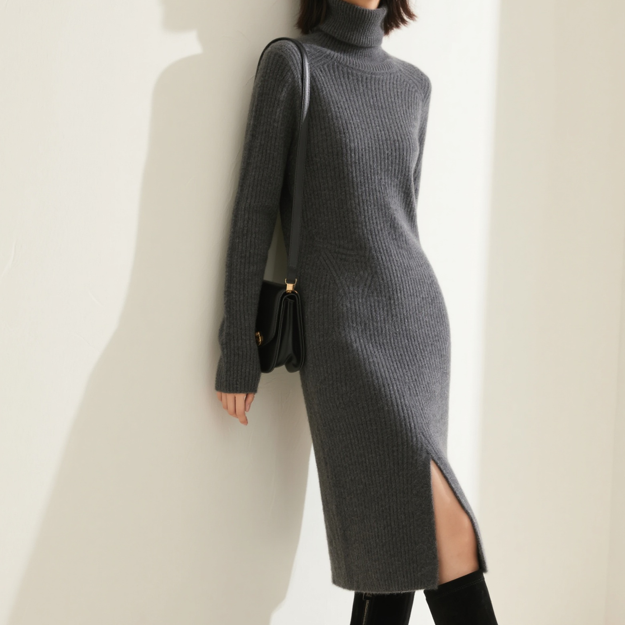 여성 매력적인 그레이 터틀넥 니트 원피스