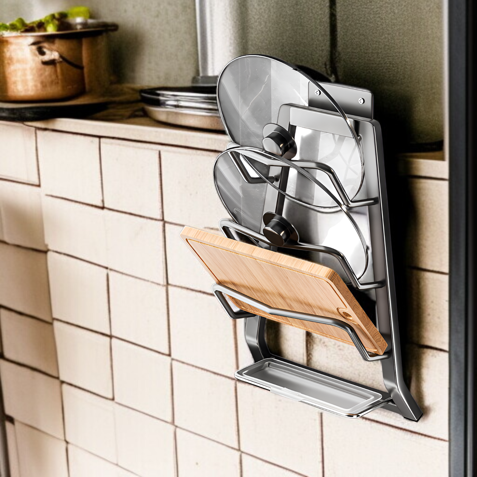 立て型鍋蓋＆調理器具ラック、スペース節約収納スタンド