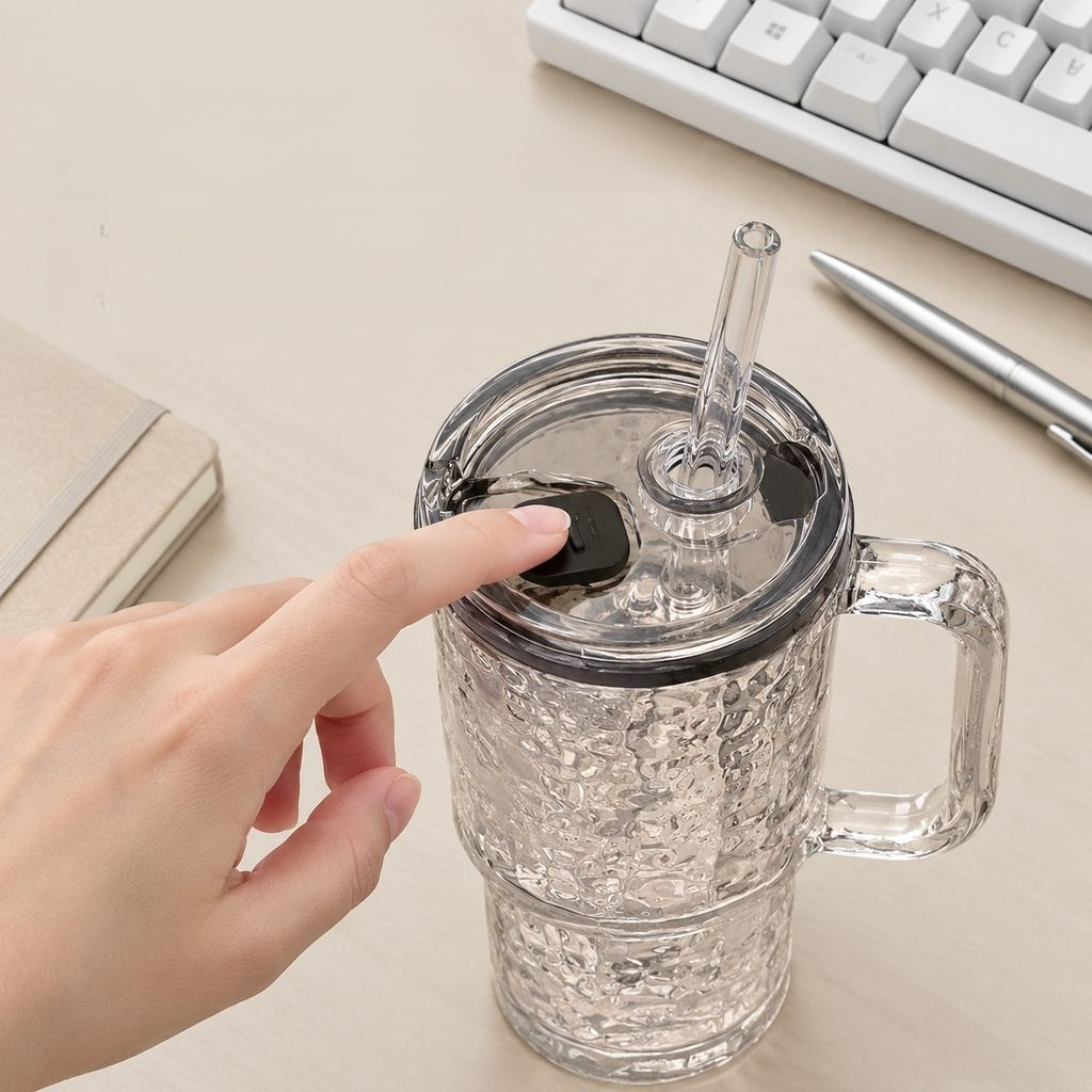 Portable Large Glass Cup with Straw and Handle