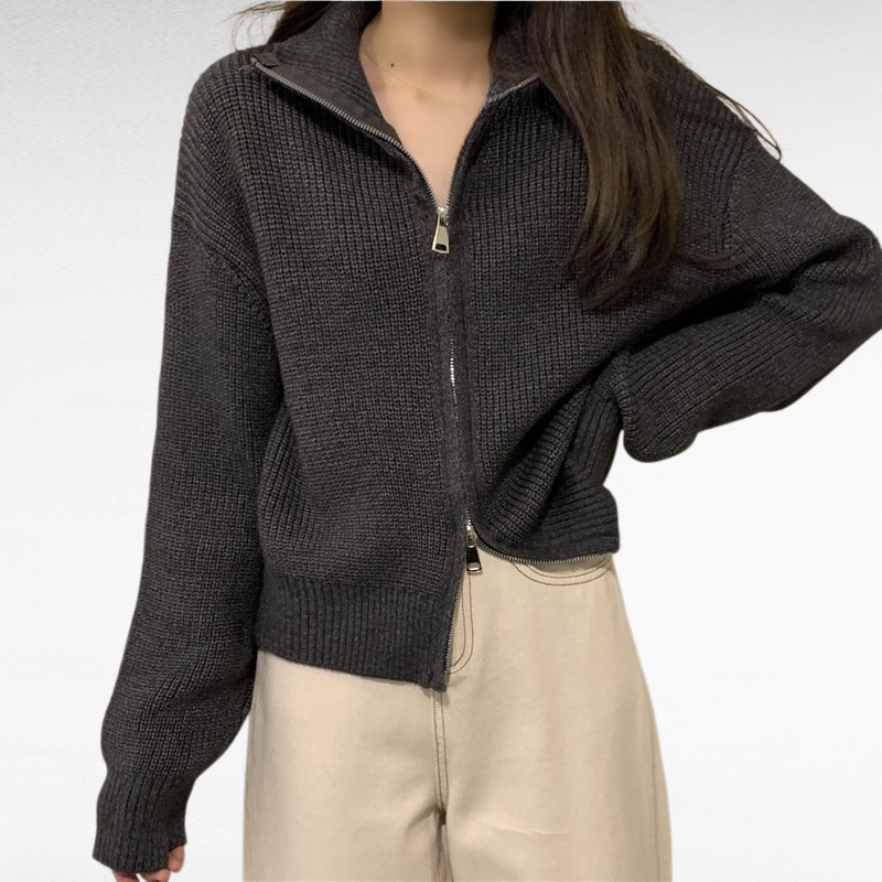 كنزة صوفية نسائية بتصميم كوري، بياقة عالية وسحاب، مثالية لخريف وشتاء