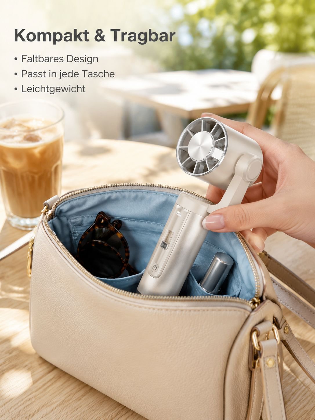 Handventilator mit Kühlfunktion, tragbar, zum Umhängen und für den Tisch geeignet