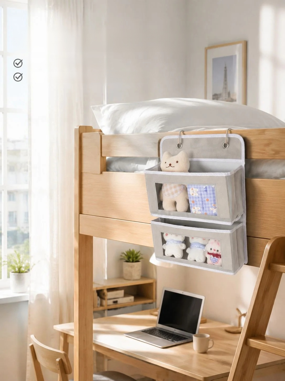 Vue d'ensemble de l'étagère de lit sans perçage avec rangement pratique
