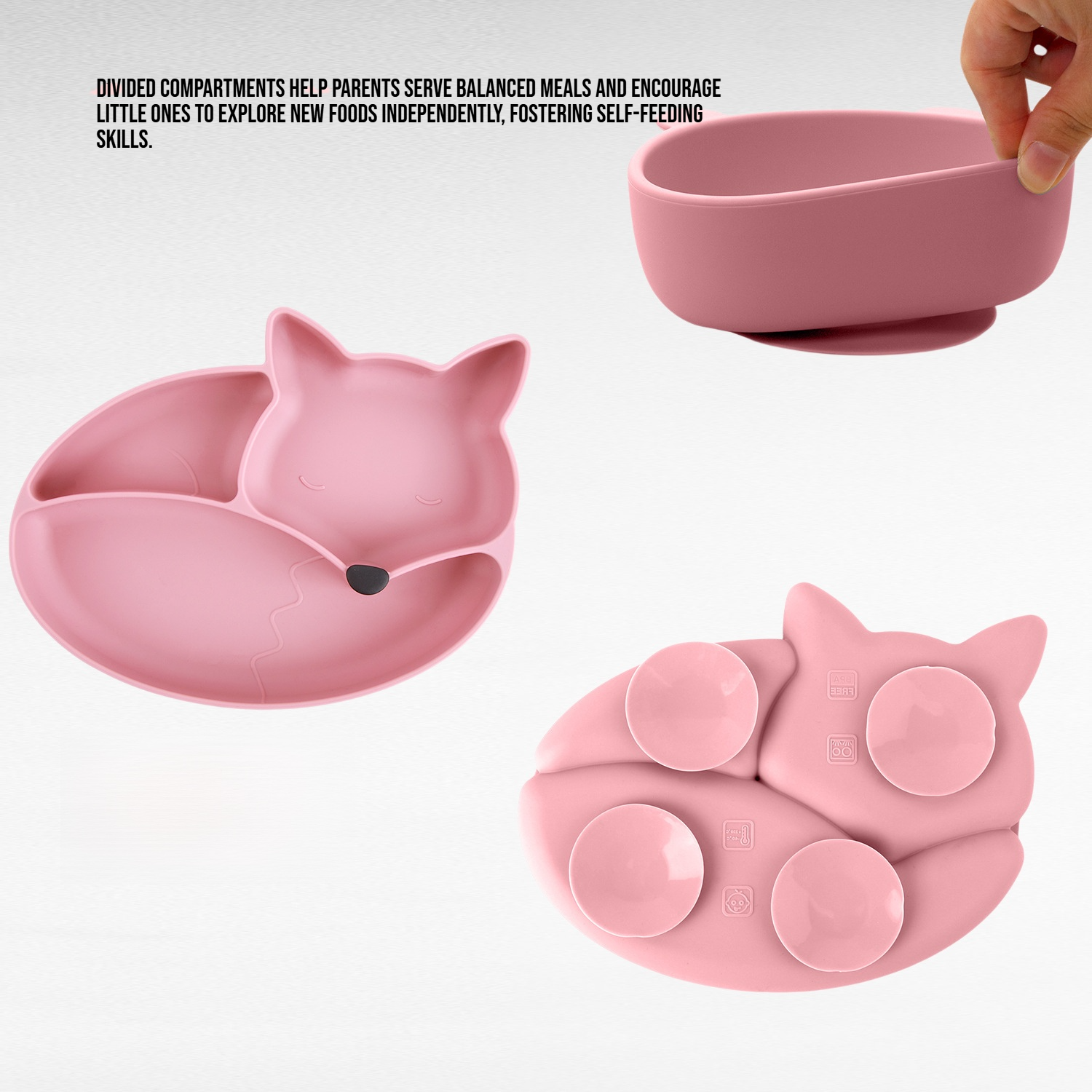  Infant Silicone Suction Bowl and Plate Set, Fox Design Feeding Tableware