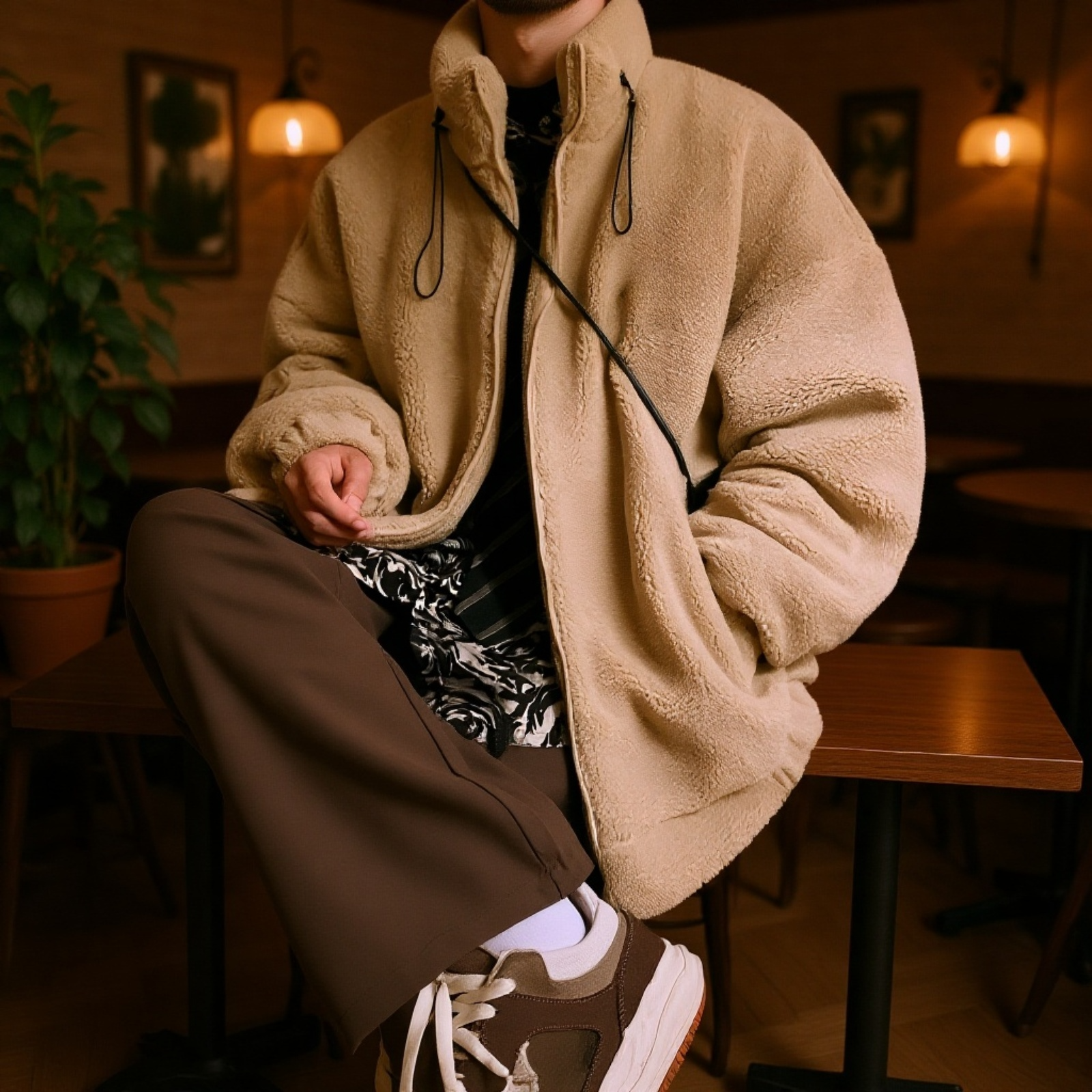 Japán stílusú állógalléros báránygyapjú pamut kabát tinédzsereknek, laza fazonú egyszínű