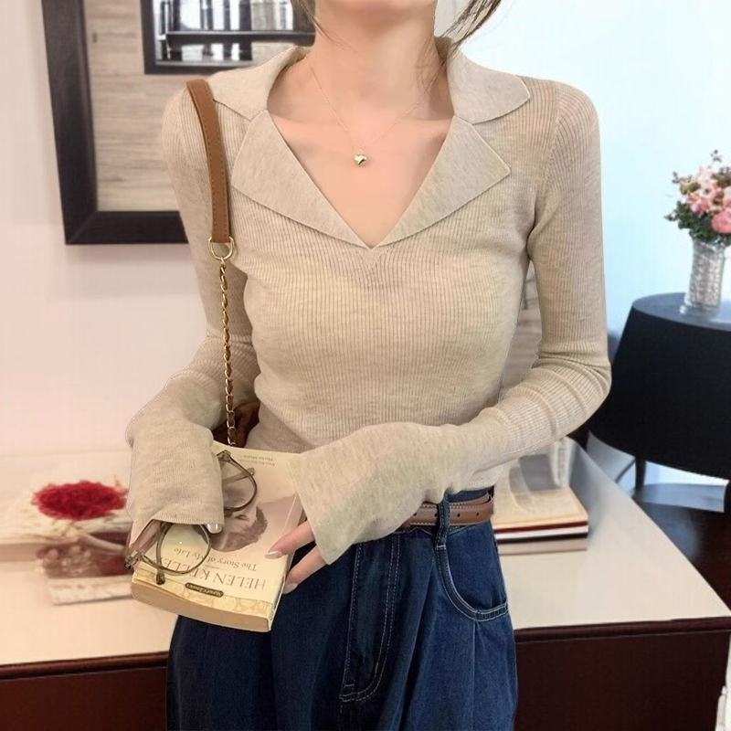 여자 추동 이너 쇄골 시크 긴팔 니트 브이넥 이너 톱