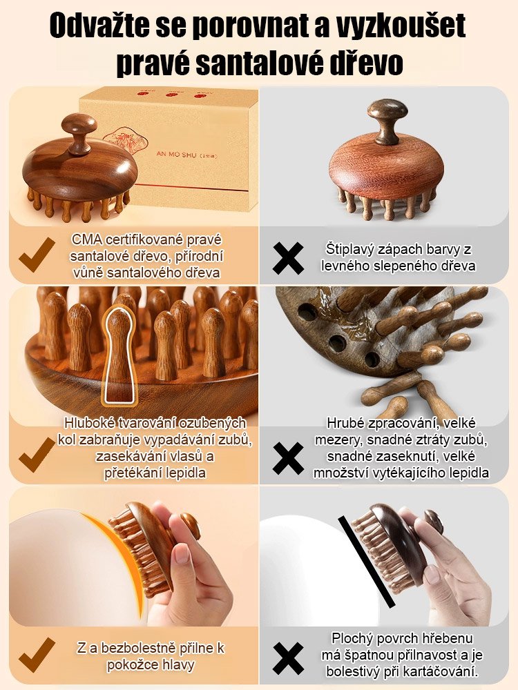 Masážní hřeben z dřeva zlatého santalového dřeva