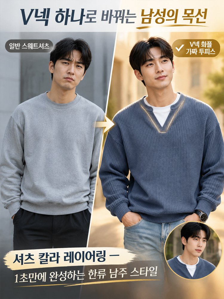 트렌디한 V넥 와플 배색 페이크 레이어드 맨투맨