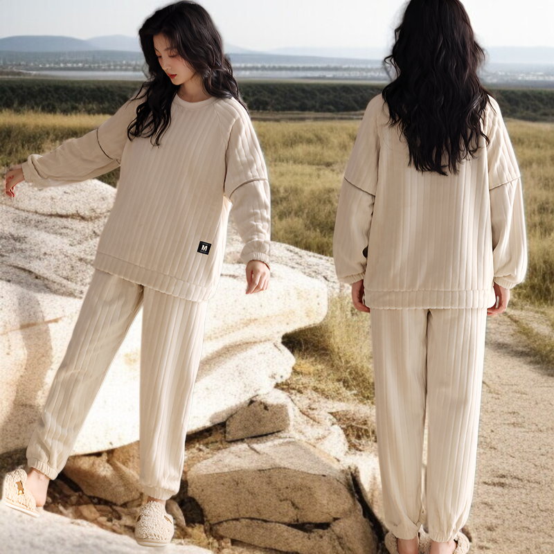 R-パジャマ レディース 冬用 コーラルフリース ラウンドネック プルオーバー プラス ベルベット 厚手 防寒 暖かい フランネル ホームウェア スーツ 秋冬