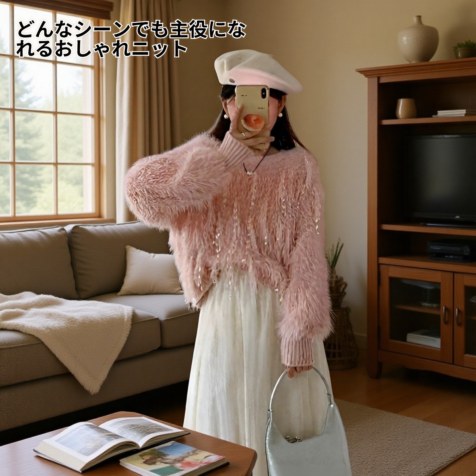 フリンジ付きレディースニットセーターのディテールアップ