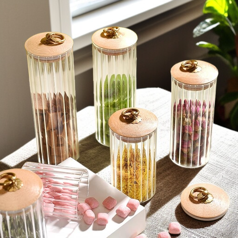 세로 줄무늬 유리 간식병 대나무 뚜껑 구리 링 밀폐 저장 용기