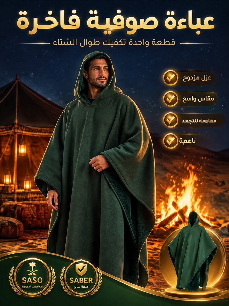 عباءة صوفية واسعة مزودة بأزرار وقبعة مناسبة للجنسين