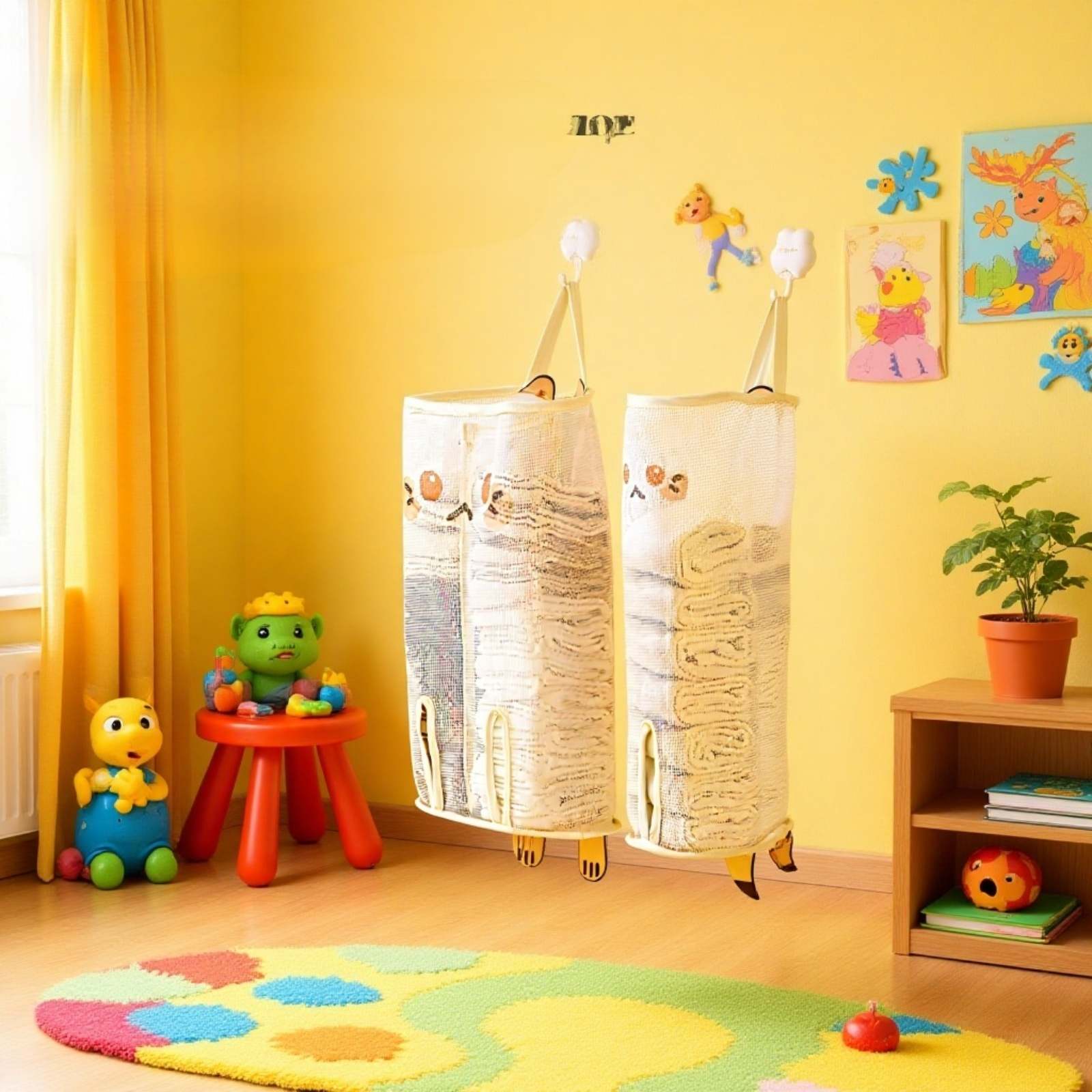 Hängende Aufbewahrungstasche aus Netzstoff im Kleiderschrank