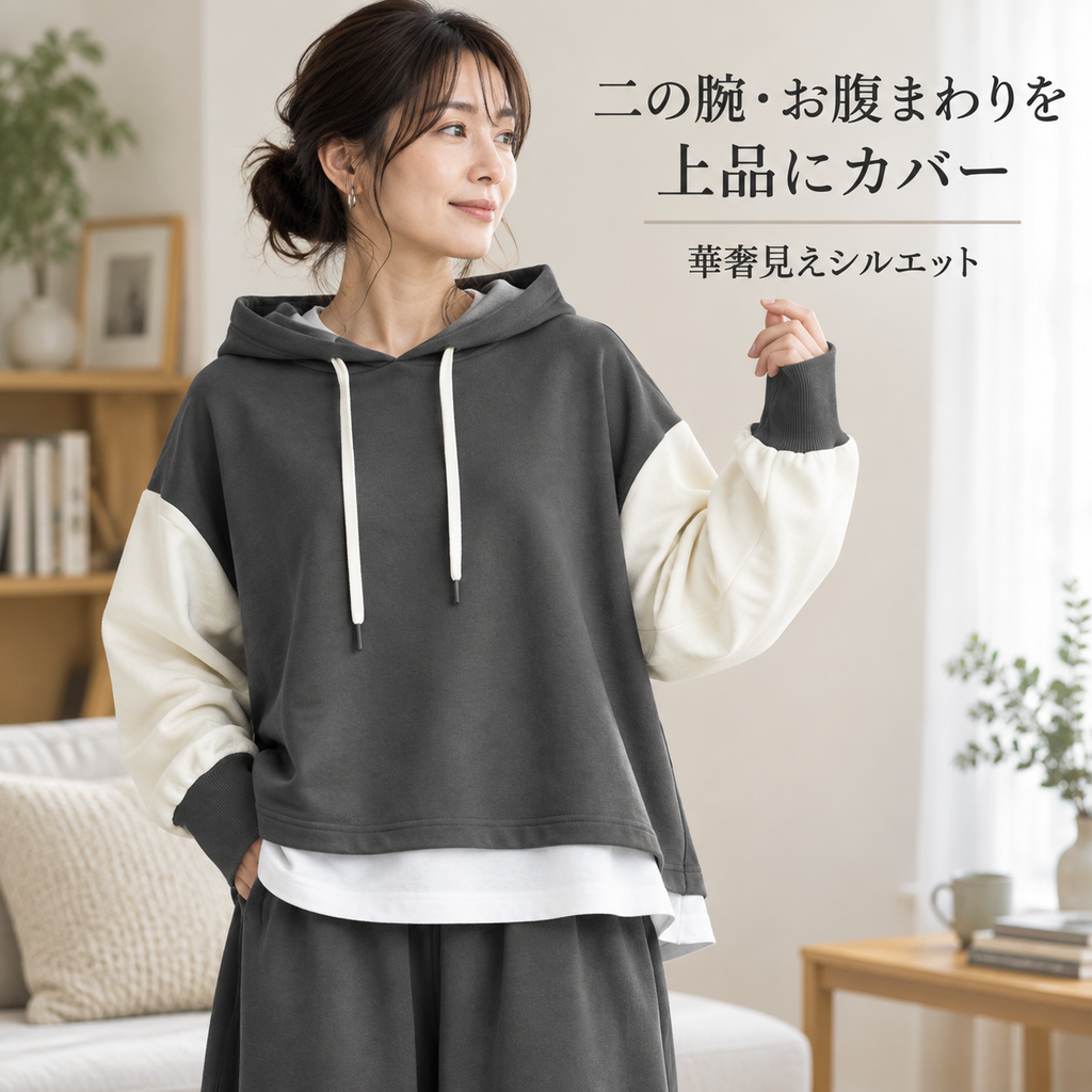 春秋冬新作 日系フード付き配色長袖トップス ワイドパンツ2点セット