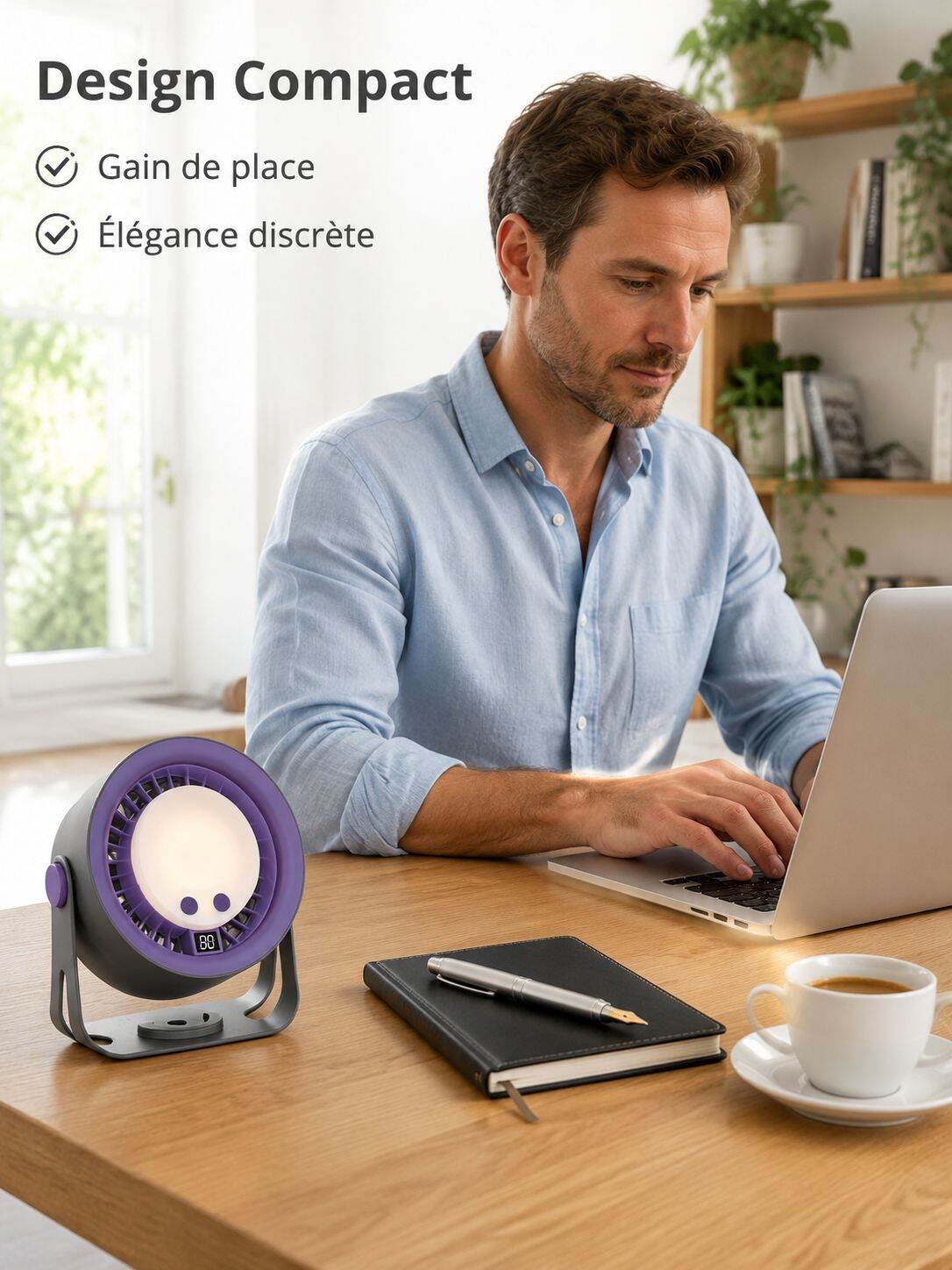 Ventilateur de bureau 2-en-1 avec lampe de nuit, télécommande, USB rechargeable pour la maison