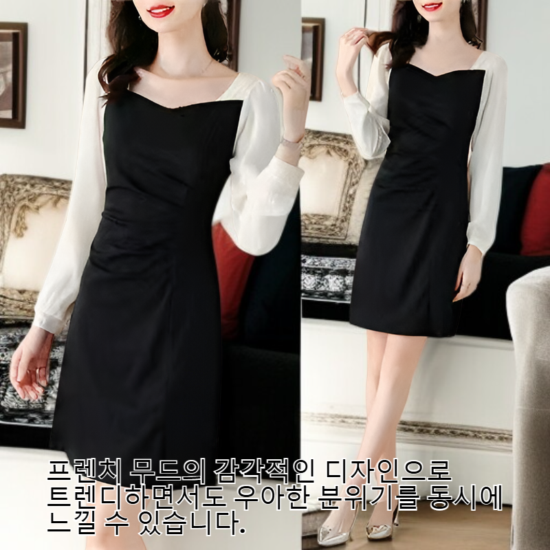 프렌치 허리 조임 빈티지 블랙 긴팔 원피스 가을 디자인 느낌 작은 검은 치마