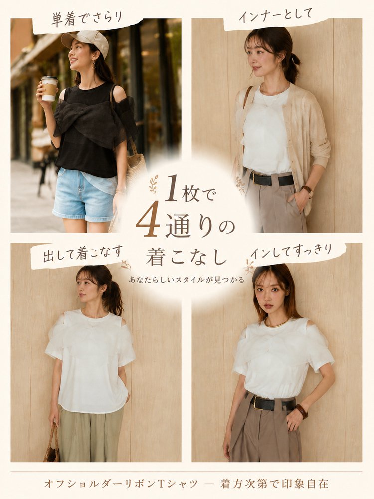 リボン付きオフショルダー半袖Tシャツ