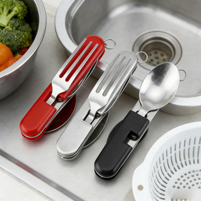 Hordozható rozsdamentes acél kültéri összecsukható villa-kanál 2 az 1-ben evőeszköz