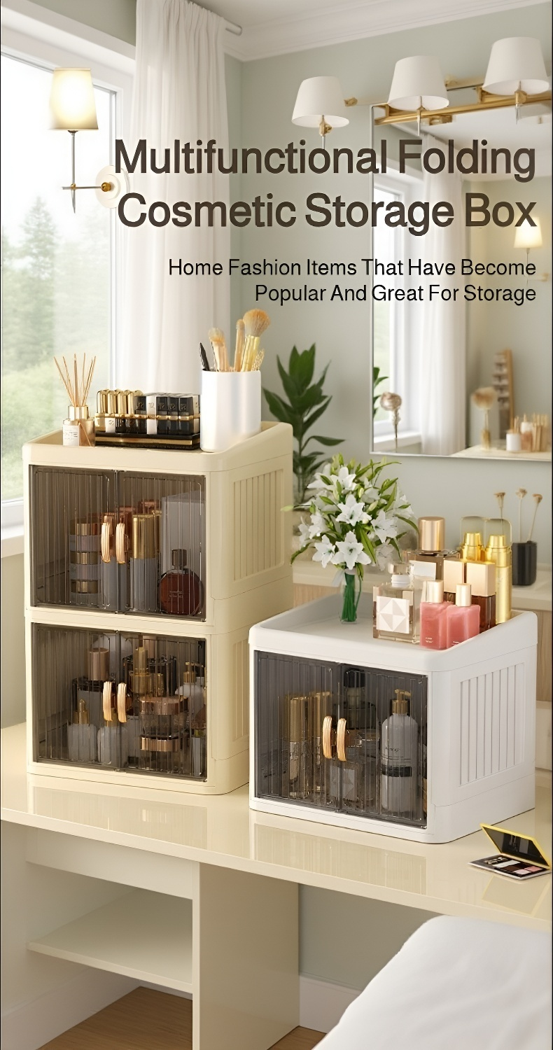 Foldable cosmetic storage cabinet with double doors on a vanity table