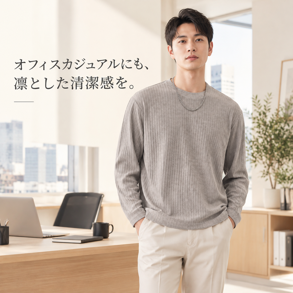 メンズ春秋用日本風縦ストライプ長袖Tシャツ