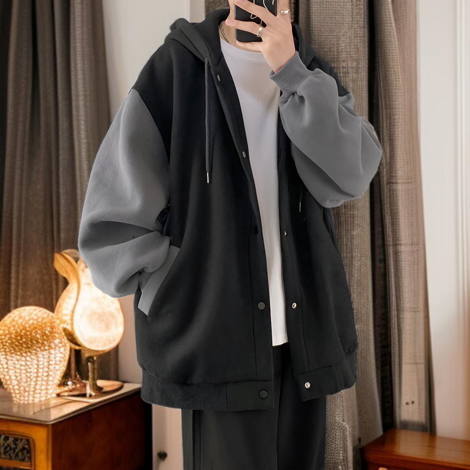 香港スタイルの秋と冬の男性用カジュアルカーディガンジャケット、ベルベットと厚みのあるトレンディなスプライシングスウェットシャツ、ルーズフード付きスウェットシャツ、カップル着用