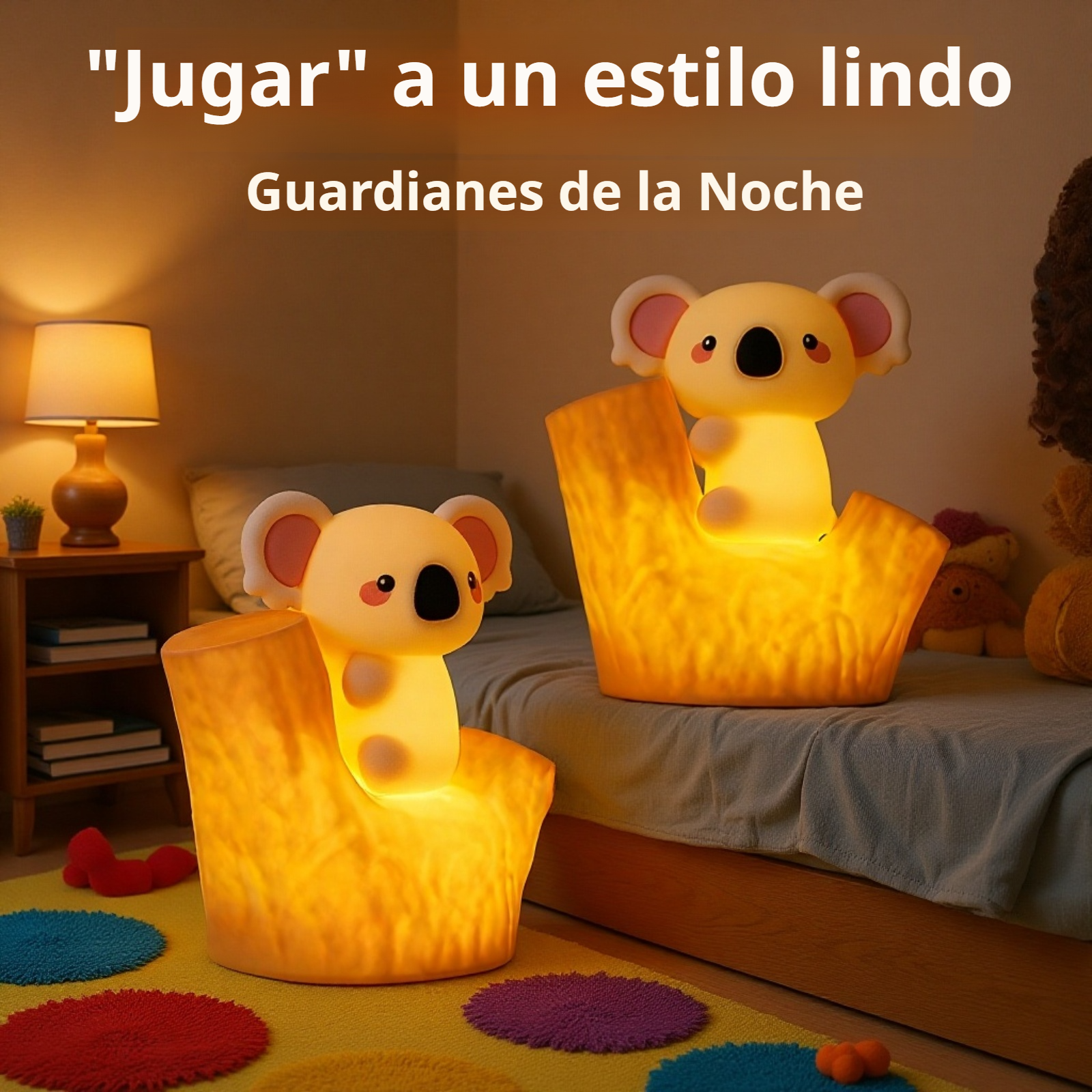 Lámpara táctil Koala con carga USB iluminada sobre mesa de noche