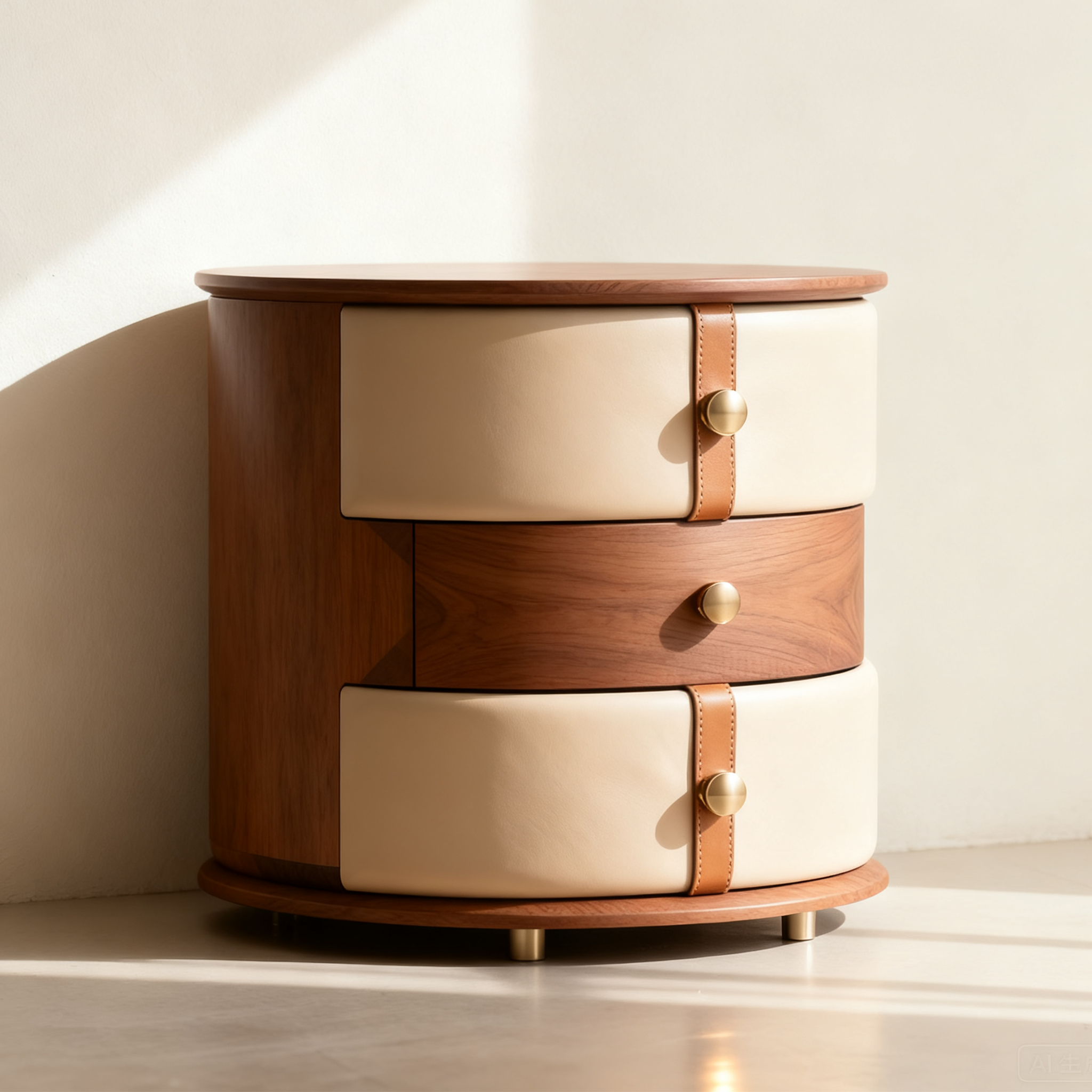 가죽과 나무 원형 서랍장