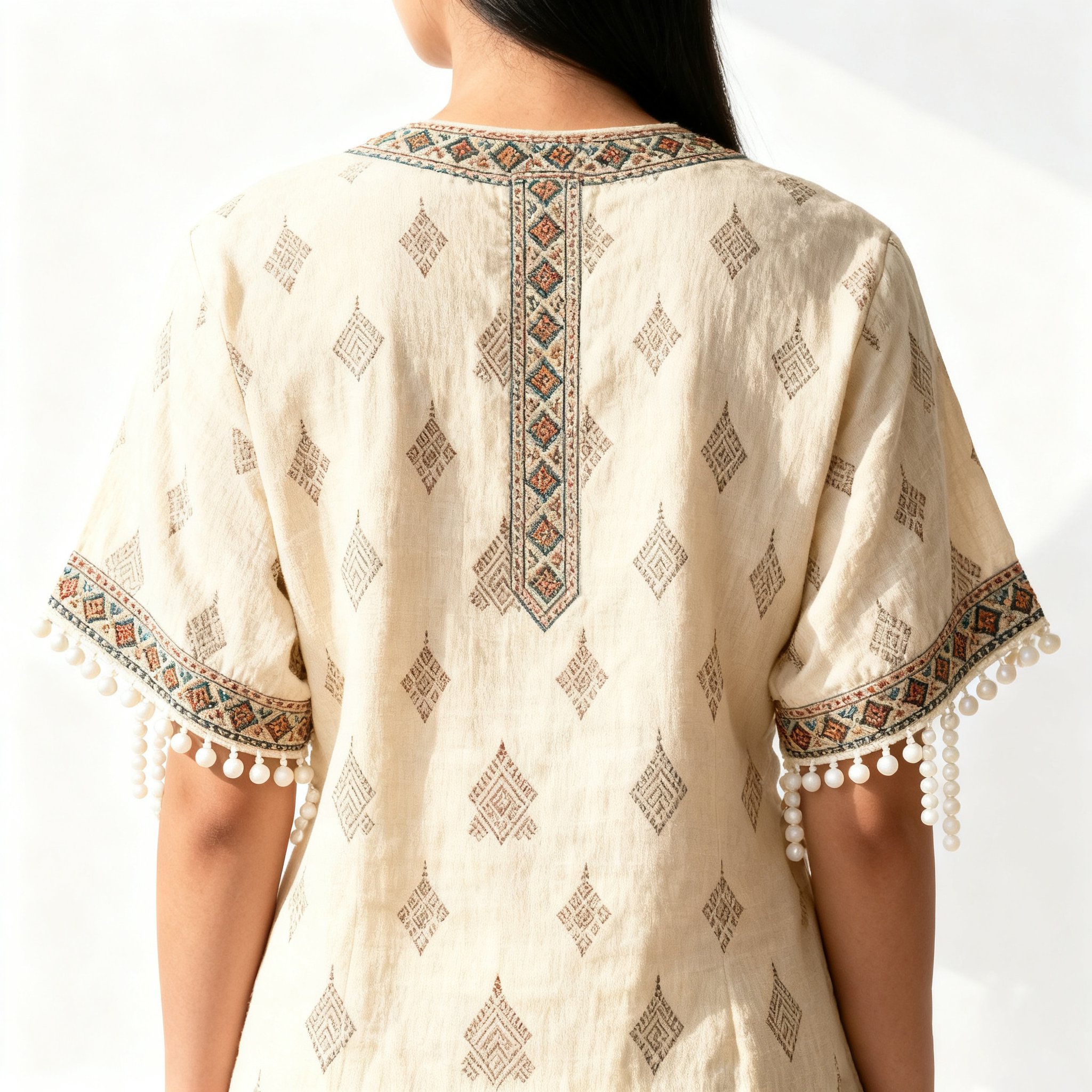 เสื้อแขนสั้นโอเวอร์ไซส์ประดับไข่มุกสำหรับผู้หญิง