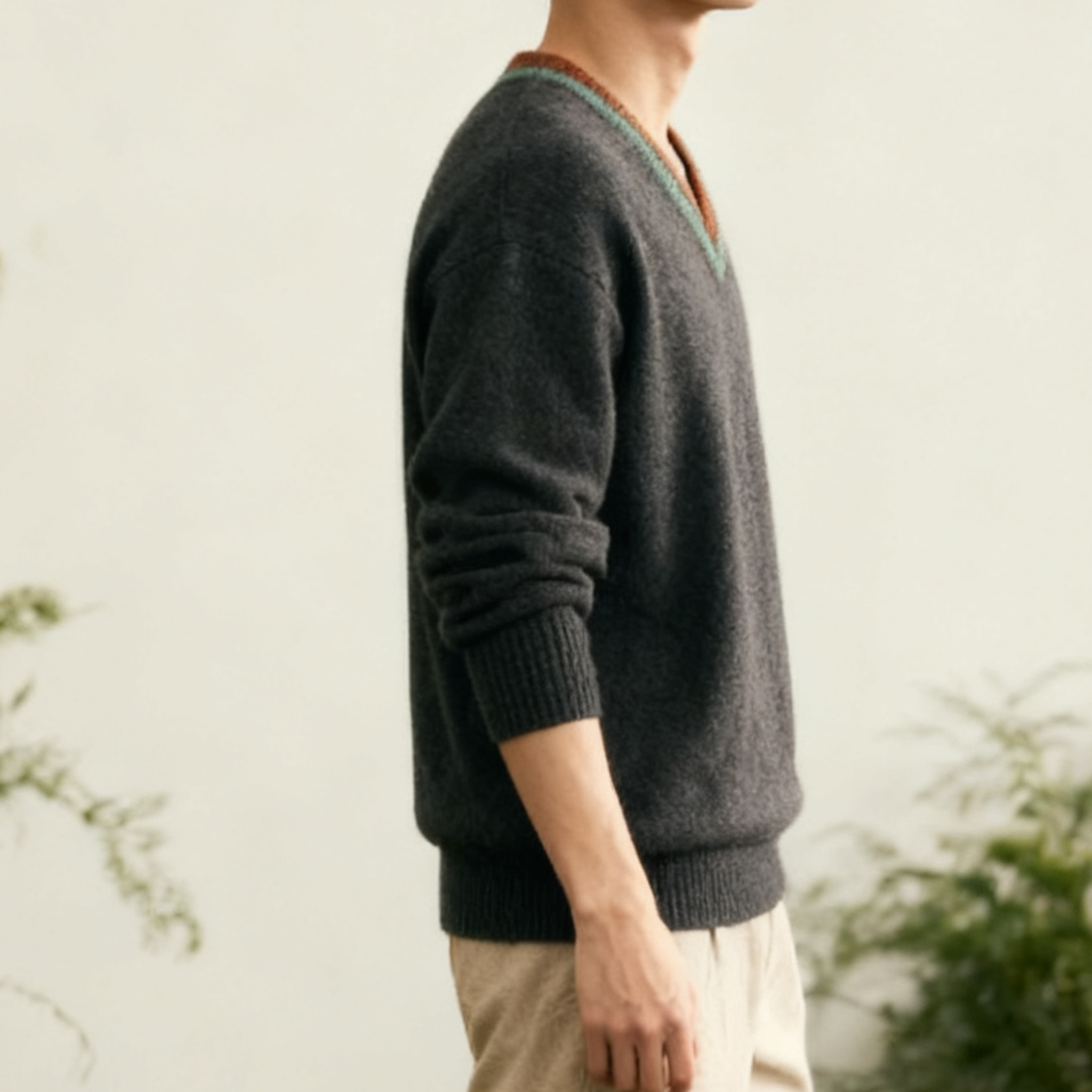 남성 클래식 빈티지 브이넥 울 스웨터