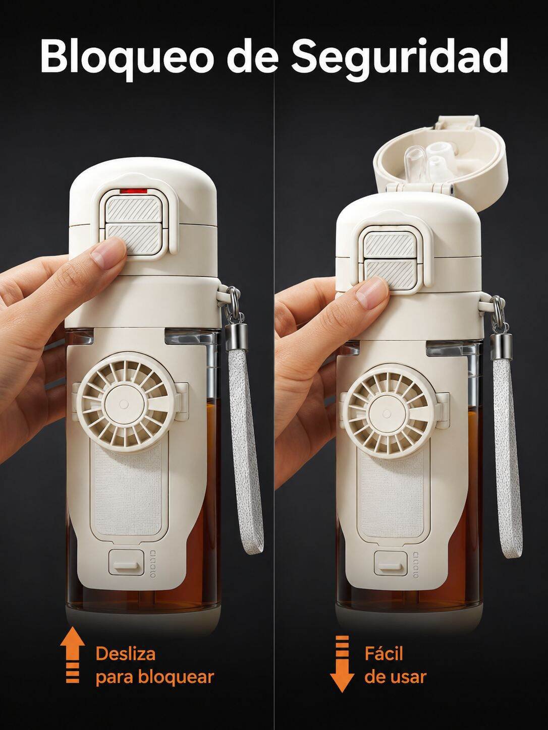 Diseño ergonómico de botella deportiva con ventilador
