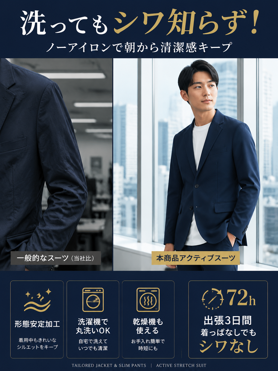  満員電車でも絶対シワにならない「魔法のビジカジスーツ」、 アイロンがけ一生不要！ 3D立体裁断＆高ストレッチで、ぽっこりお腹もスタイリッシュに