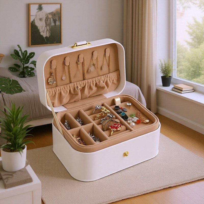 Button Flip 2-lagige Reise-Schmuckschatulle geöffnet mit Schmuck