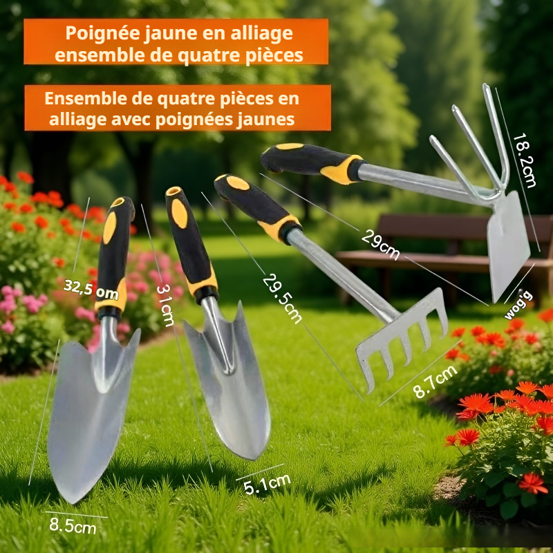 Ensemble de quatre outils de jardinage polyvalents : houe, pelle, pour la plantation d'arbres